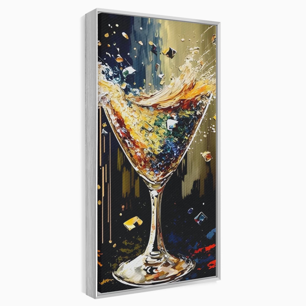 Tablou canvas cu tablou canvas cu pahar de cocktail in plina explozie de culori, in rama de aluminiu argintiu