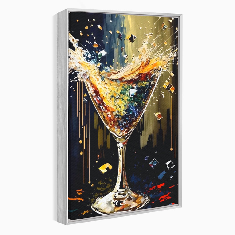 Tablou canvas cu tablou canvas cu pahar de cocktail in plina explozie de culori, in rama de aluminiu argintiu