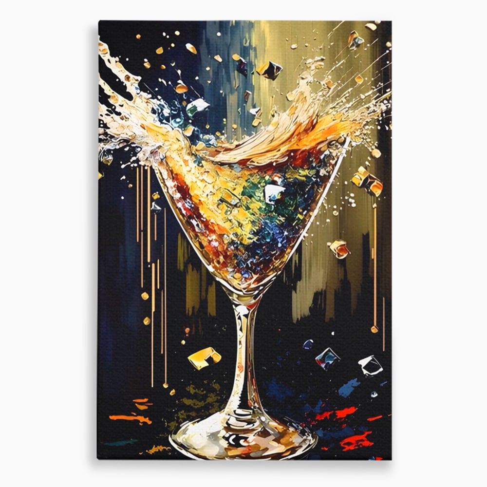 Tablou canvas cu tablou canvas cu pahar de cocktail in plina explozie de culori, fara rama, pe sasiu de lemn