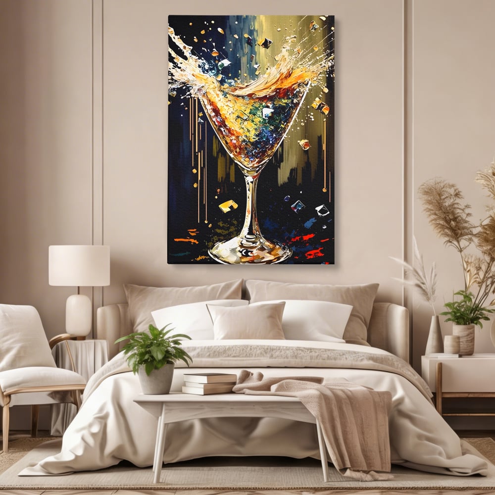 Tablou canvas cu tablou canvas cu pahar de cocktail in plina explozie de culori, fara rama, pe sasiu de lemn, pe perete intr-un dormitor