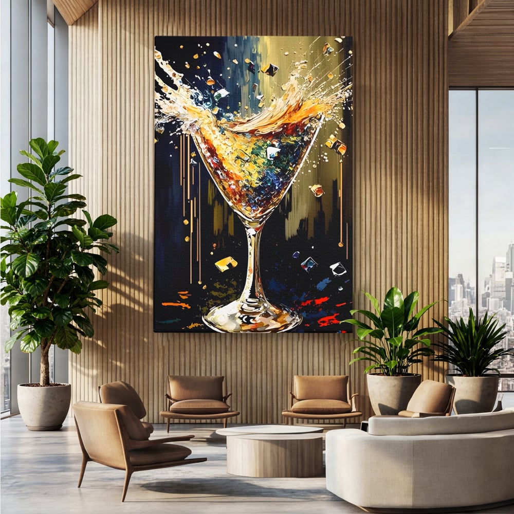 Tablou canvas cu tablou canvas cu pahar de cocktail in plina explozie de culori, fara rama, pe sasiu de lemn, pe perete intr-un birou