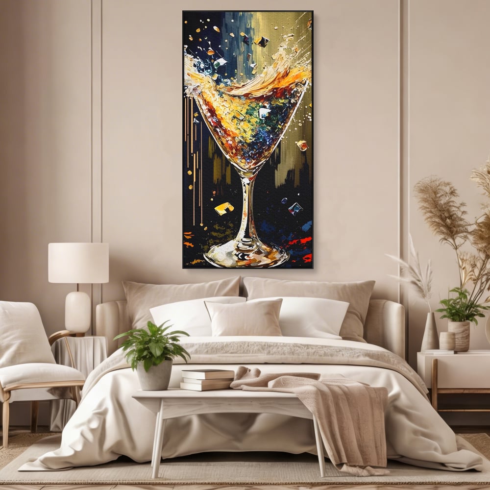 Tablou canvas cu tablou canvas cu pahar de cocktail in plina explozie de culori, in rama de aluminiu negru, pe perete intr-un dormitor