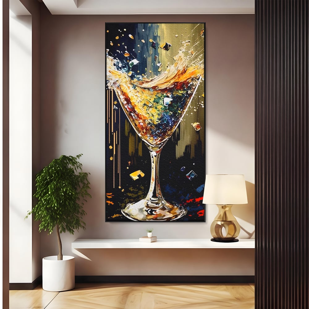 Tablou canvas cu tablou canvas cu pahar de cocktail in plina explozie de culori, in rama de aluminiu negru