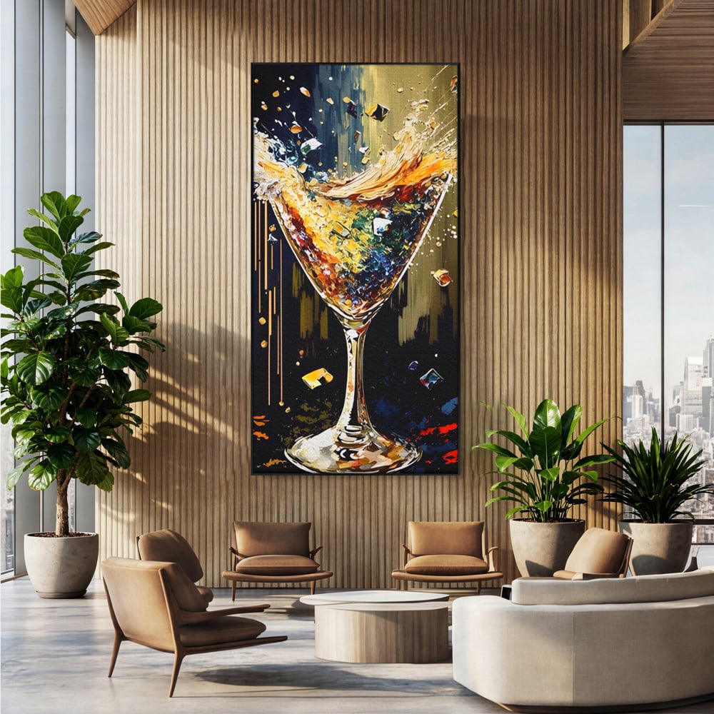 Tablou canvas cu tablou canvas cu pahar de cocktail in plina explozie de culori, in rama de aluminiu negru, pe perete intr-un birou