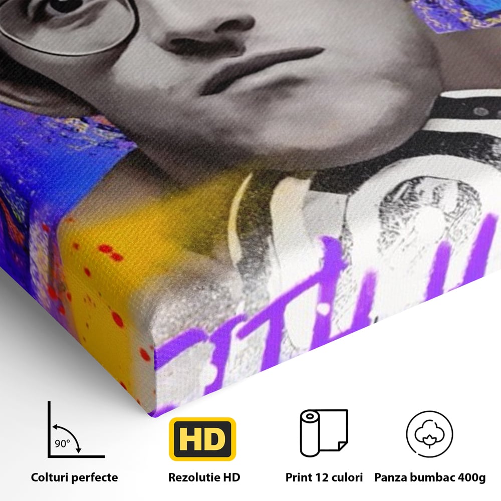 Detaliu al suprafetei: tablou canvas cu portret alb negru si grafica keith haring, fara rama, pe sasiu de lemn