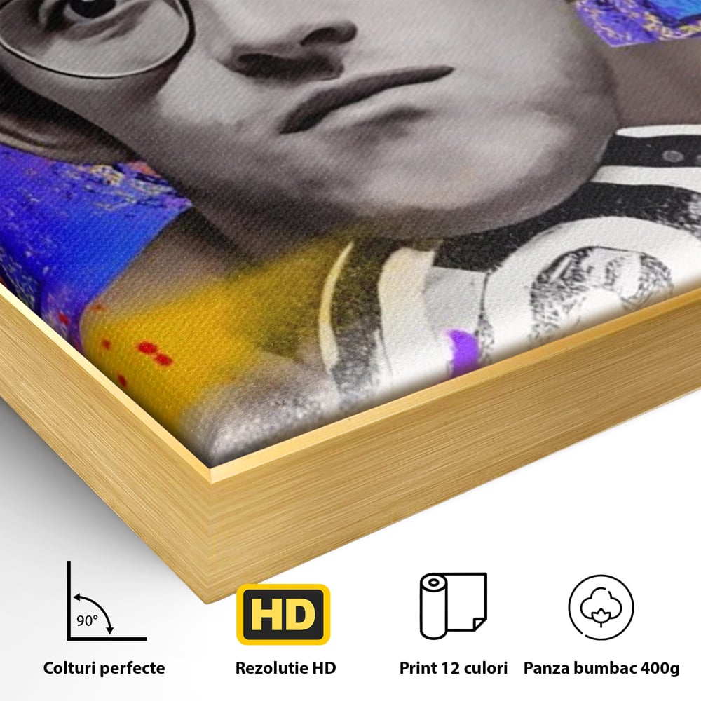 Detaliu al suprafetei: tablou canvas cu portret alb negru si grafica keith haring, in rama de aluminiu auriu