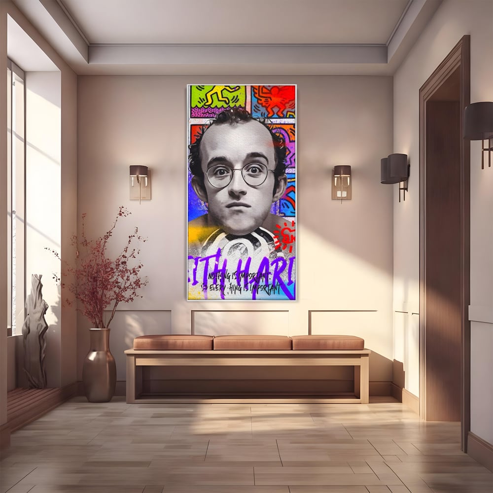 Tablou canvas cu tablou canvas cu portret alb negru si grafica keith haring, in rama de aluminiu argintiu