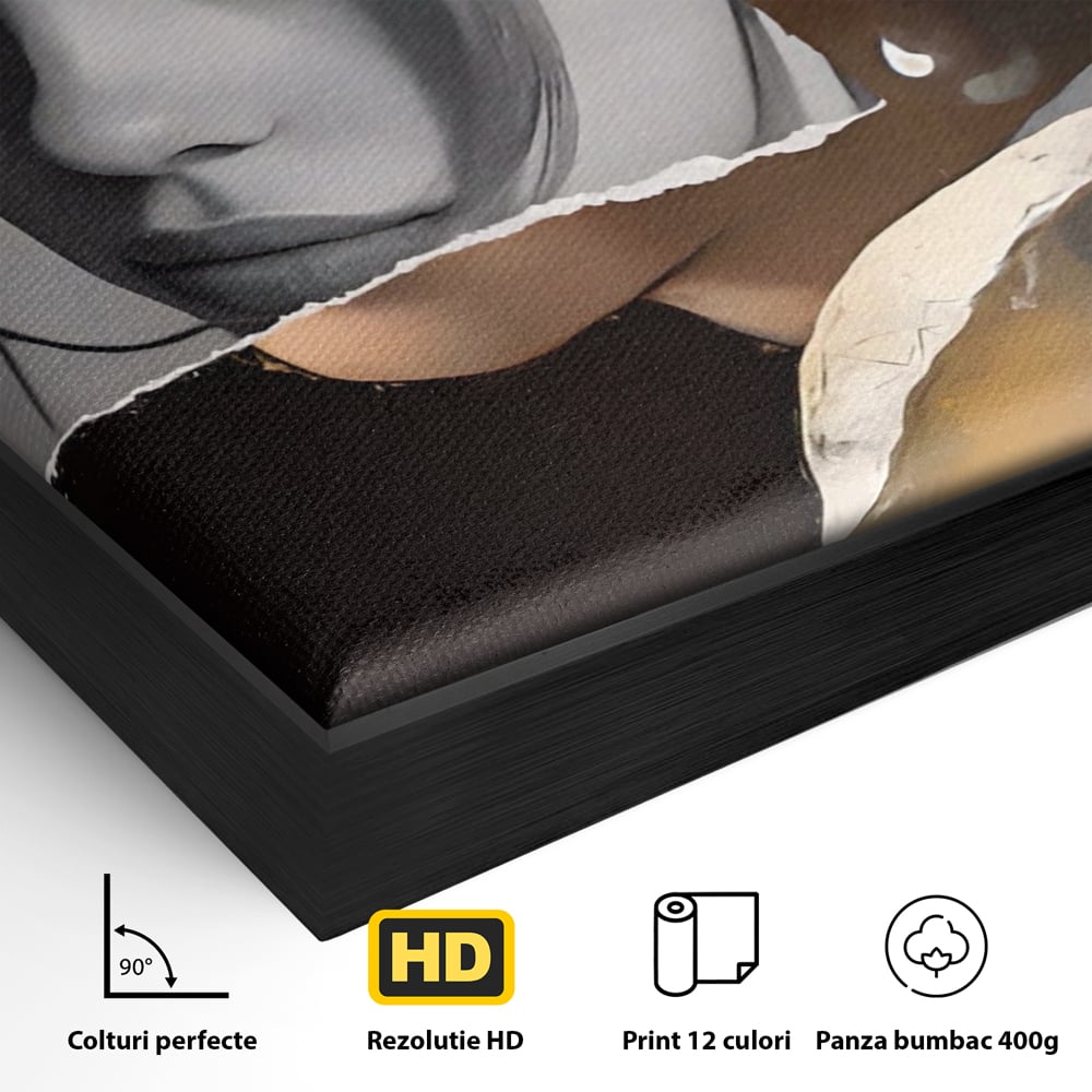 Detaliu al suprafetei: tablou canvas portret feminin modern, in rama de aluminiu negru