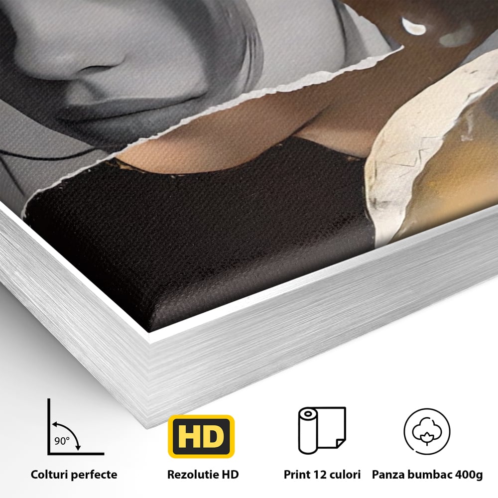 Detaliu al suprafetei: tablou canvas portret feminin modern, in rama de aluminiu argintiu