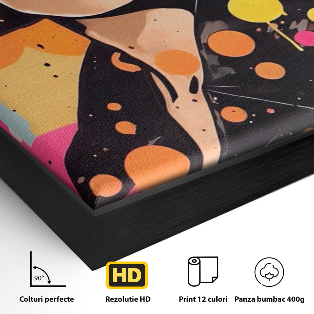 Detaliu al suprafetei: tablou canvas portret femeie ochelari, in rama de aluminiu negru