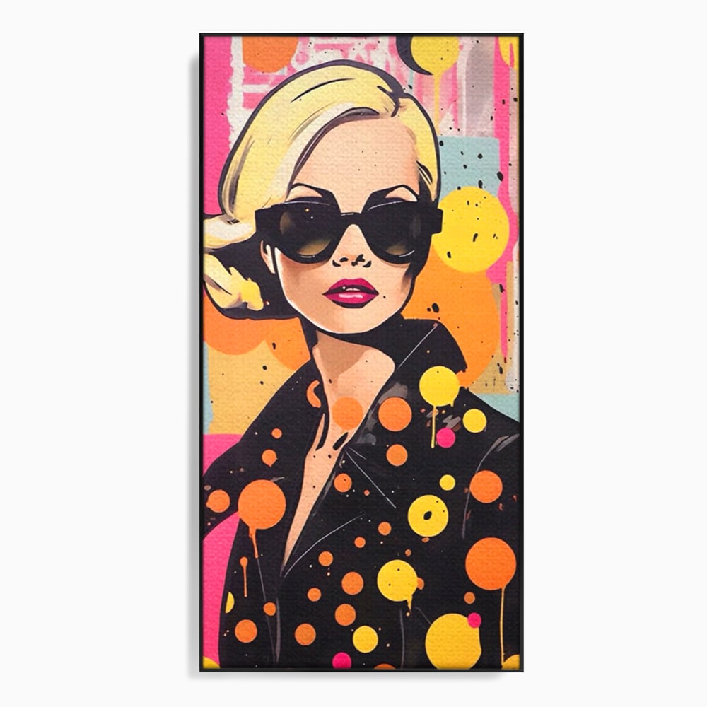 Tablou canvas cu tablou canvas portret femeie ochelari, in rama de aluminiu negru