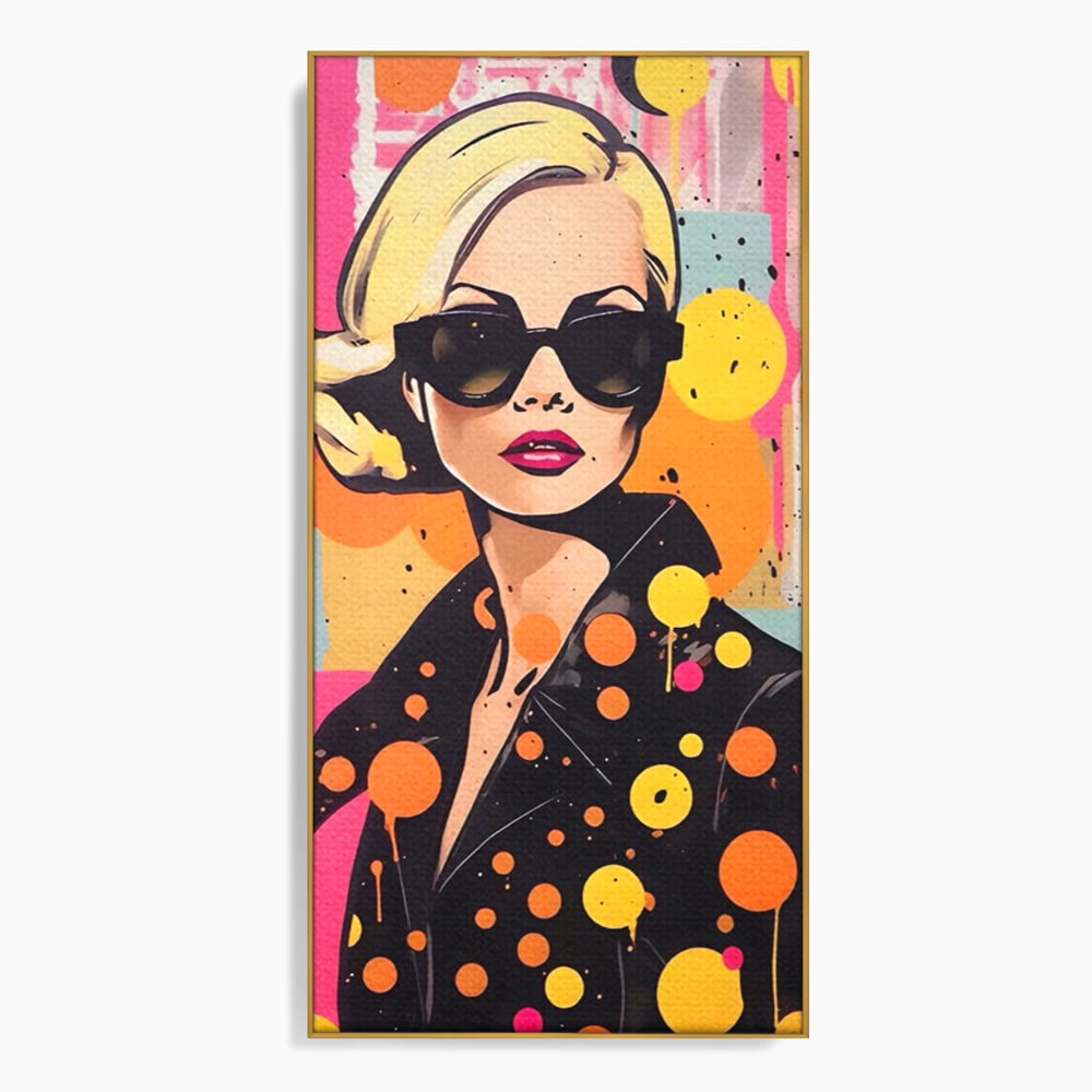 Tablou canvas cu tablou canvas portret femeie ochelari, in rama de aluminiu auriu
