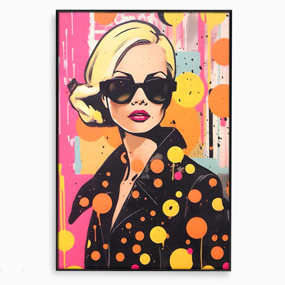 Tablou canvas cu tablou canvas portret femeie ochelari, in rama de aluminiu negru