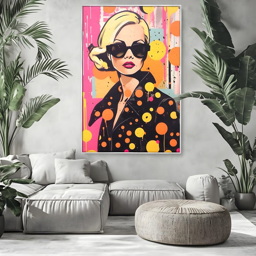 Tablou canvas cu tablou canvas portret femeie ochelari, in rama de aluminiu argintiu, pe perete intr-un living