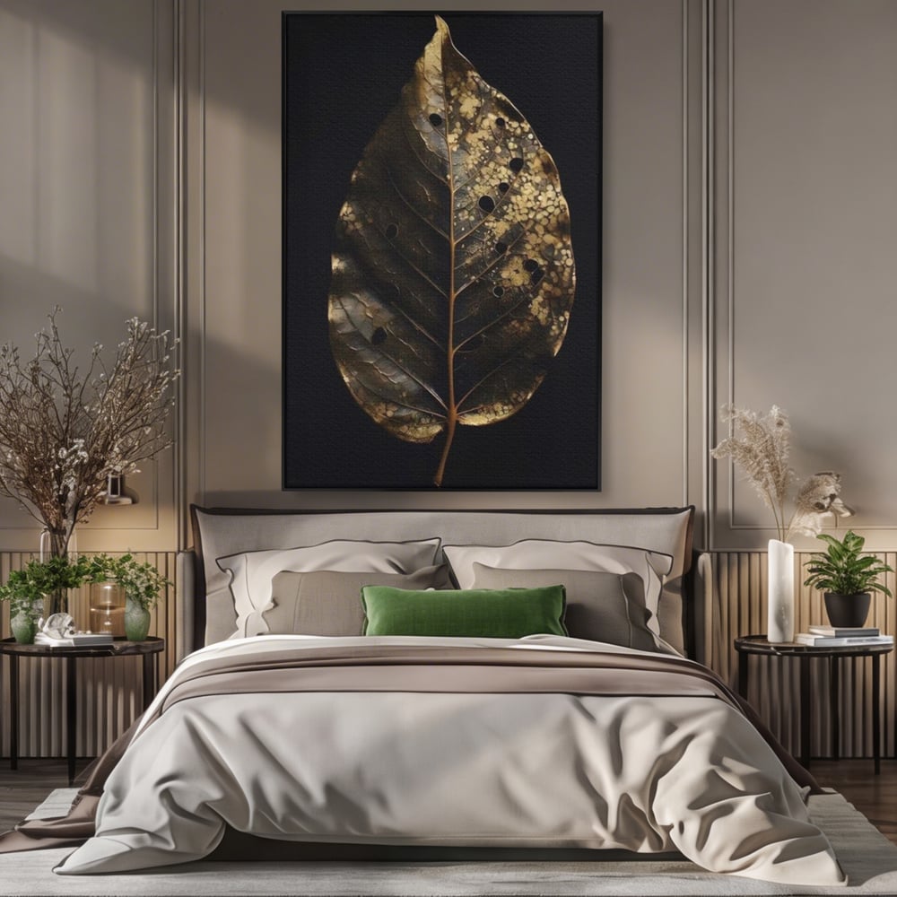 Tablou canvas cu tablou canvas cu frunza uscata, in rama de aluminiu negru, pe perete intr-un dormitor