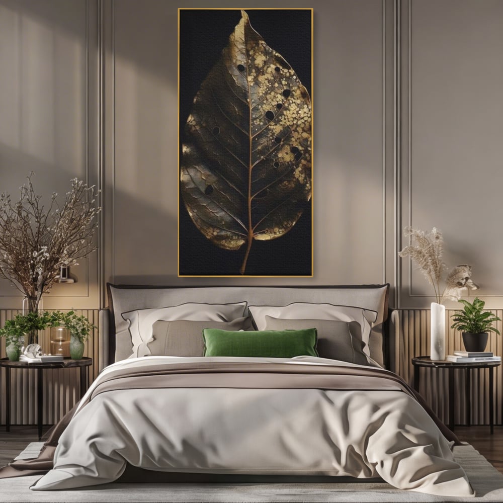 Tablou canvas cu tablou canvas cu frunza uscata, in rama de aluminiu auriu, pe perete intr-un dormitor