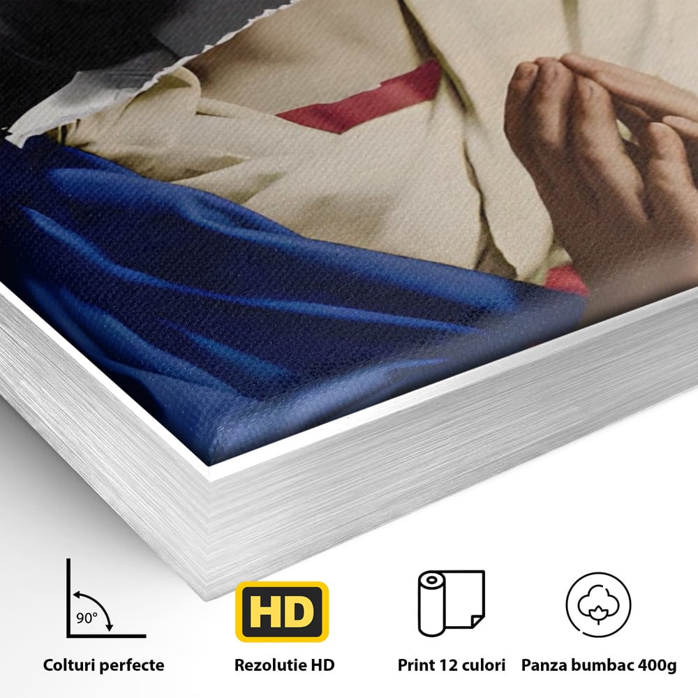Detaliu al suprafetei: tablou canvas cu colaj suprarealist, in rama de aluminiu argintiu