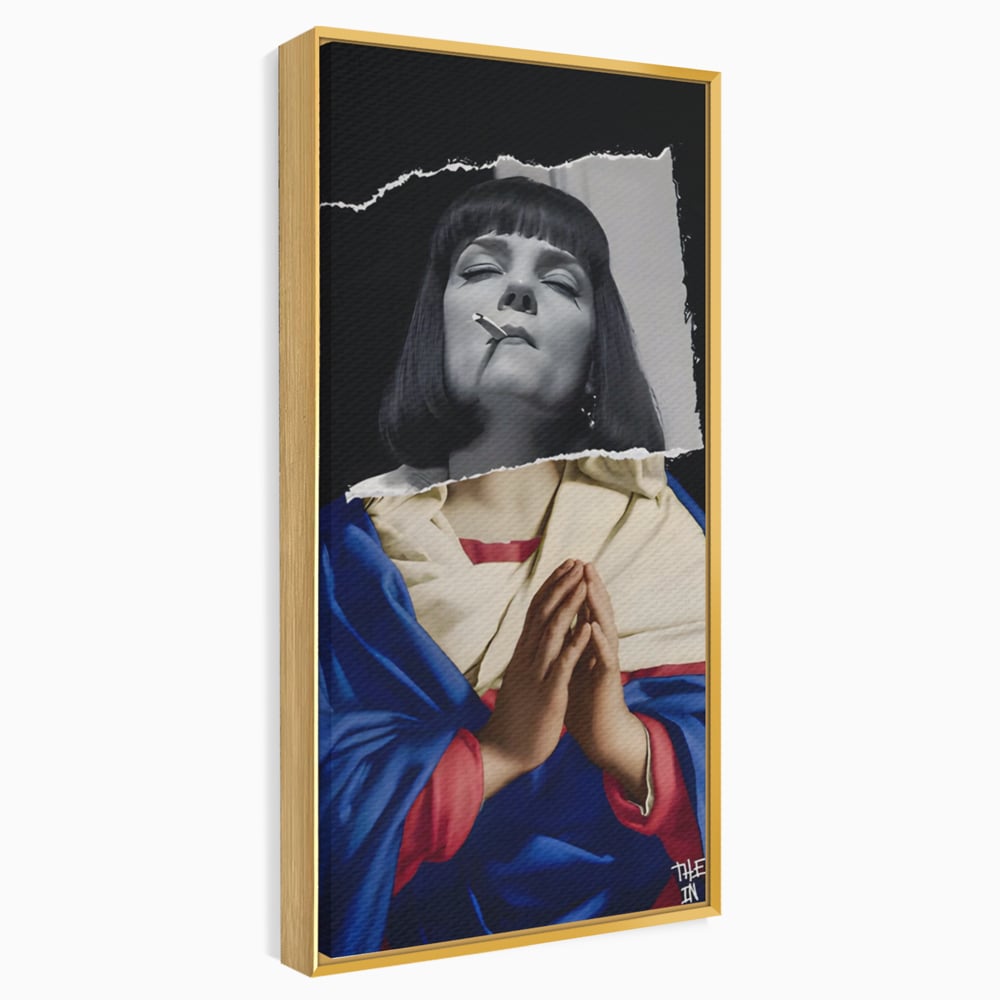 Tablou canvas cu tablou canvas cu colaj suprarealist, in rama de aluminiu auriu
