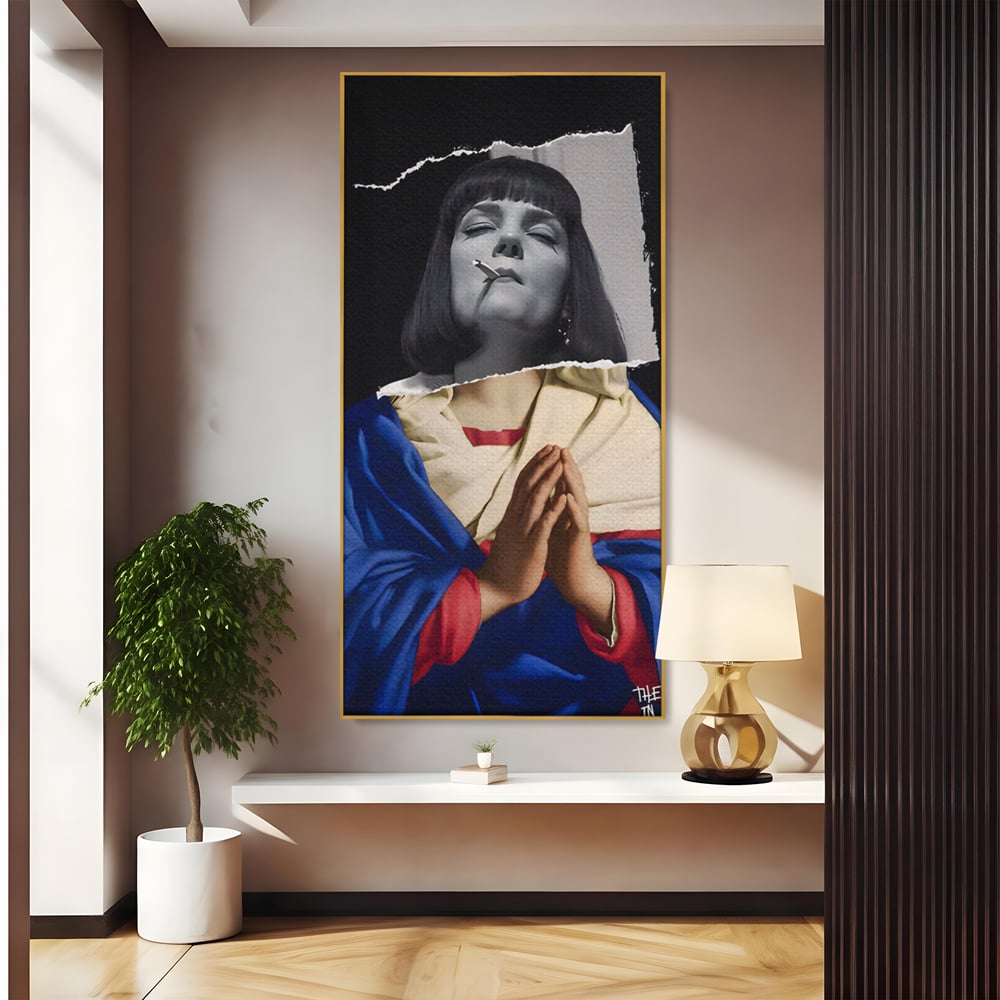 Tablou canvas cu tablou canvas cu colaj suprarealist, in rama de aluminiu auriu