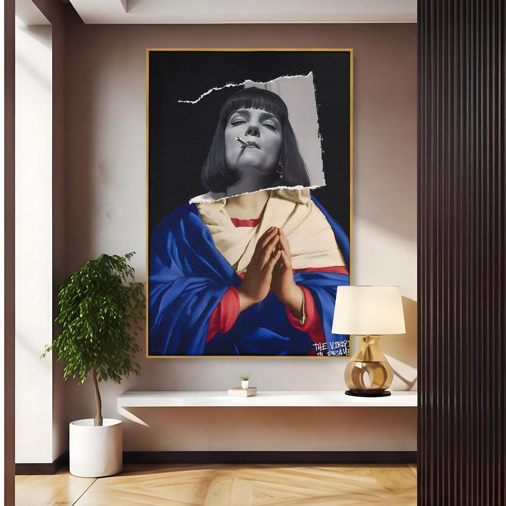 Tablou canvas cu tablou canvas cu colaj suprarealist, in rama de aluminiu auriu