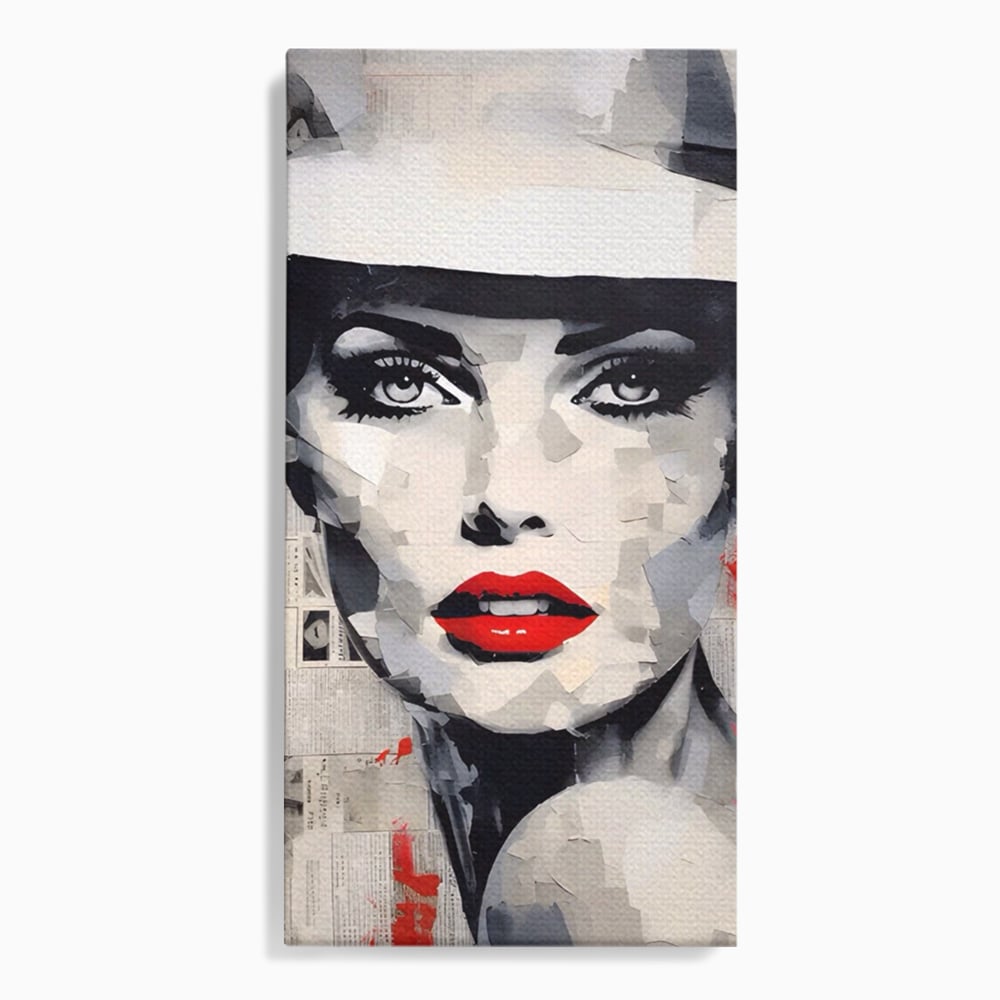 Tablou canvas cu tablou portret femeie cu buze rosii, fara rama, pe sasiu de lemn