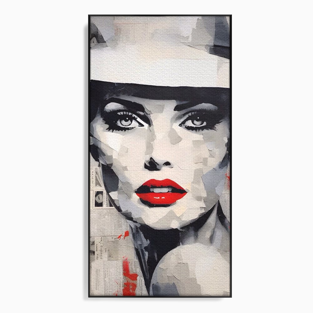 Tablou canvas cu tablou portret femeie cu buze rosii, in rama de aluminiu negru