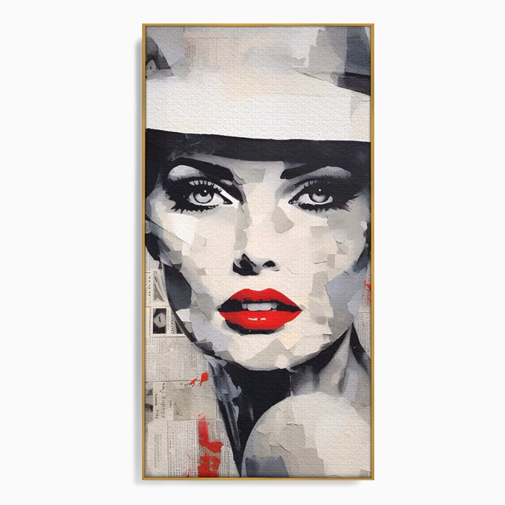 Tablou canvas cu tablou portret femeie cu buze rosii, in rama de aluminiu auriu