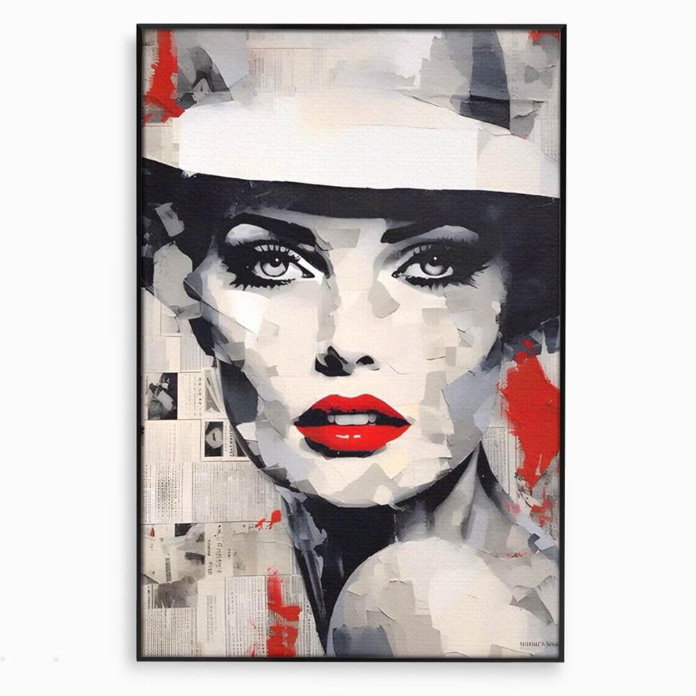 Tablou canvas cu tablou portret femeie cu buze rosii, in rama de aluminiu negru