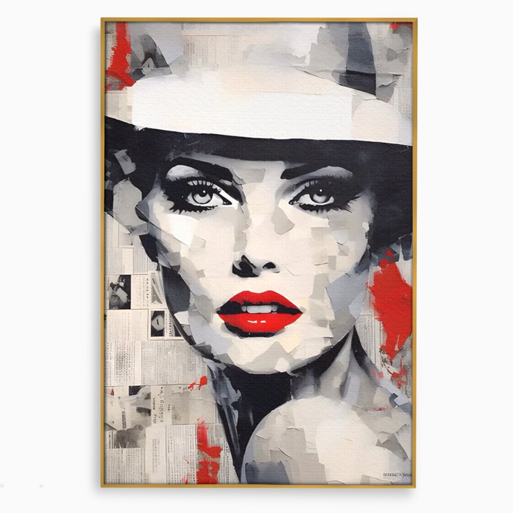 Tablou canvas cu tablou portret femeie cu buze rosii, in rama de aluminiu auriu