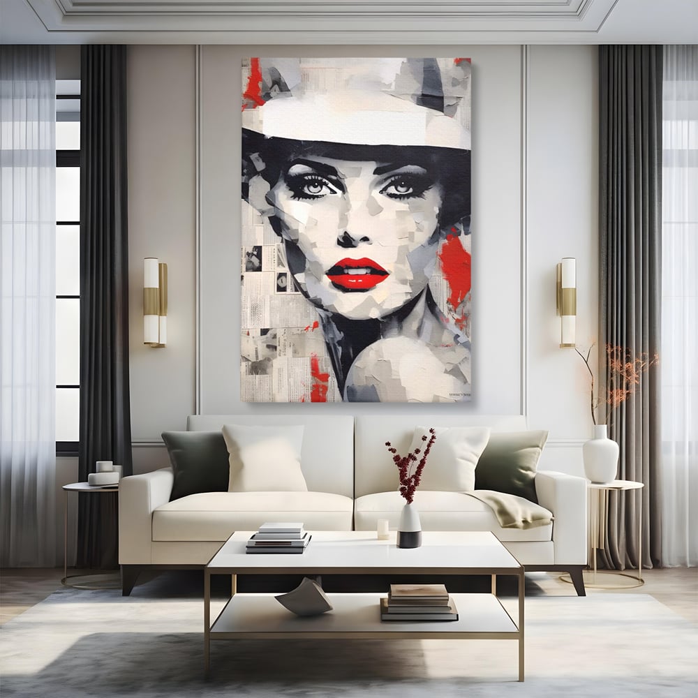 Tablou canvas cu tablou portret femeie cu buze rosii, fara rama, pe sasiu de lemn, pe perete intr-un living