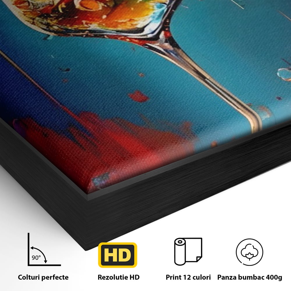 Detaliu al suprafetei: tablou canvas cu pahar de cocktail si stropi colorati, in rama de aluminiu negru