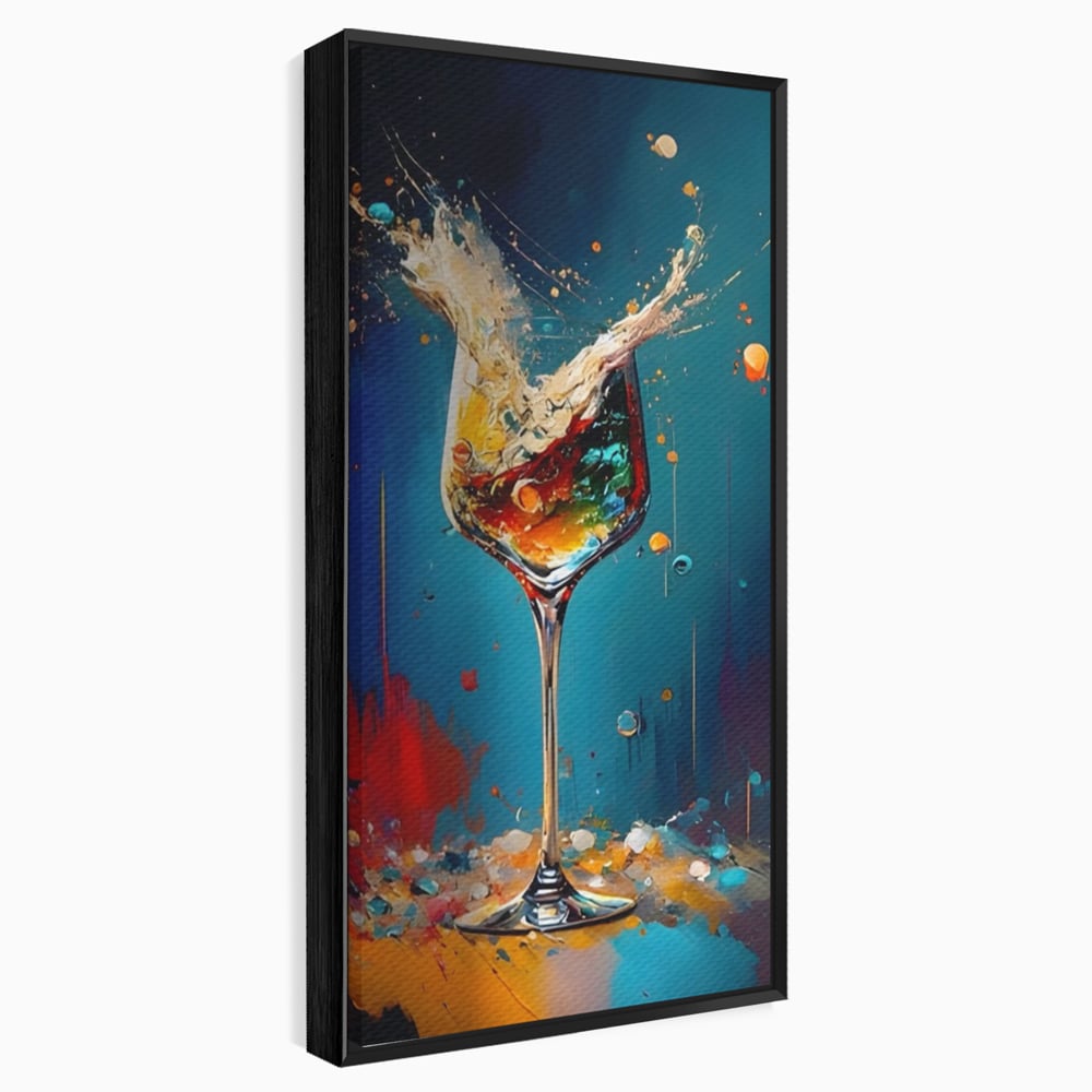 Tablou canvas cu tablou canvas cu pahar de cocktail si stropi colorati, in rama de aluminiu negru