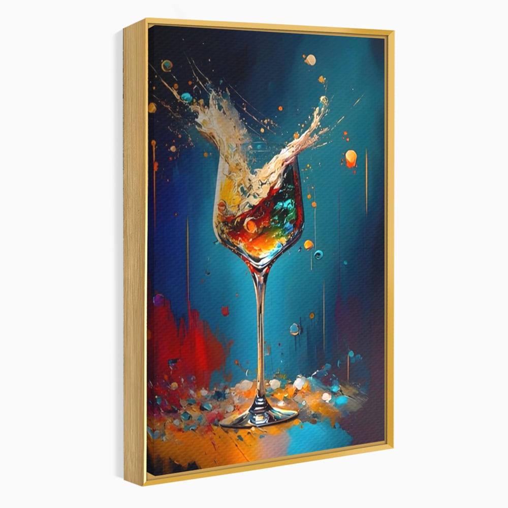 Tablou canvas cu tablou canvas cu pahar de cocktail si stropi colorati, in rama de aluminiu auriu