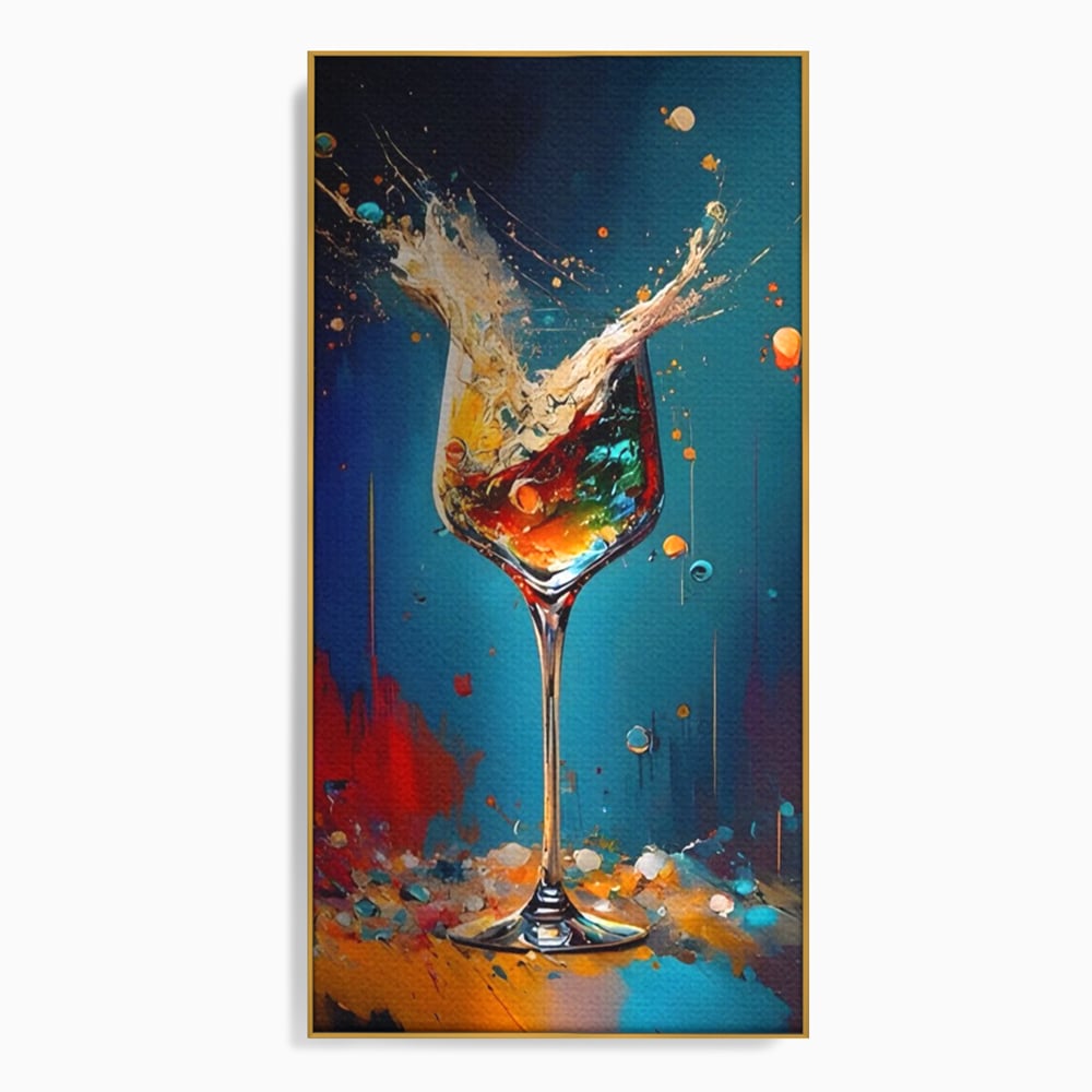 Tablou canvas cu tablou canvas cu pahar de cocktail si stropi colorati, in rama de aluminiu auriu