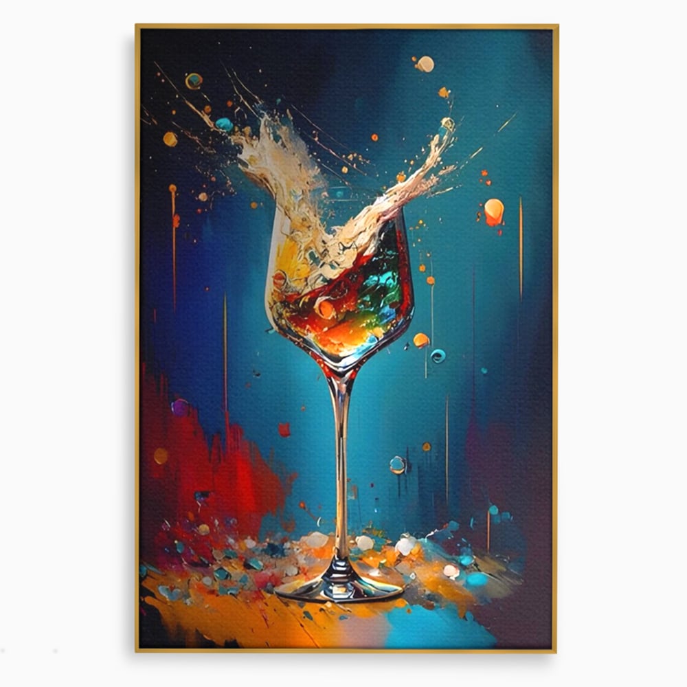 Tablou canvas cu tablou canvas cu pahar de cocktail si stropi colorati, in rama de aluminiu auriu