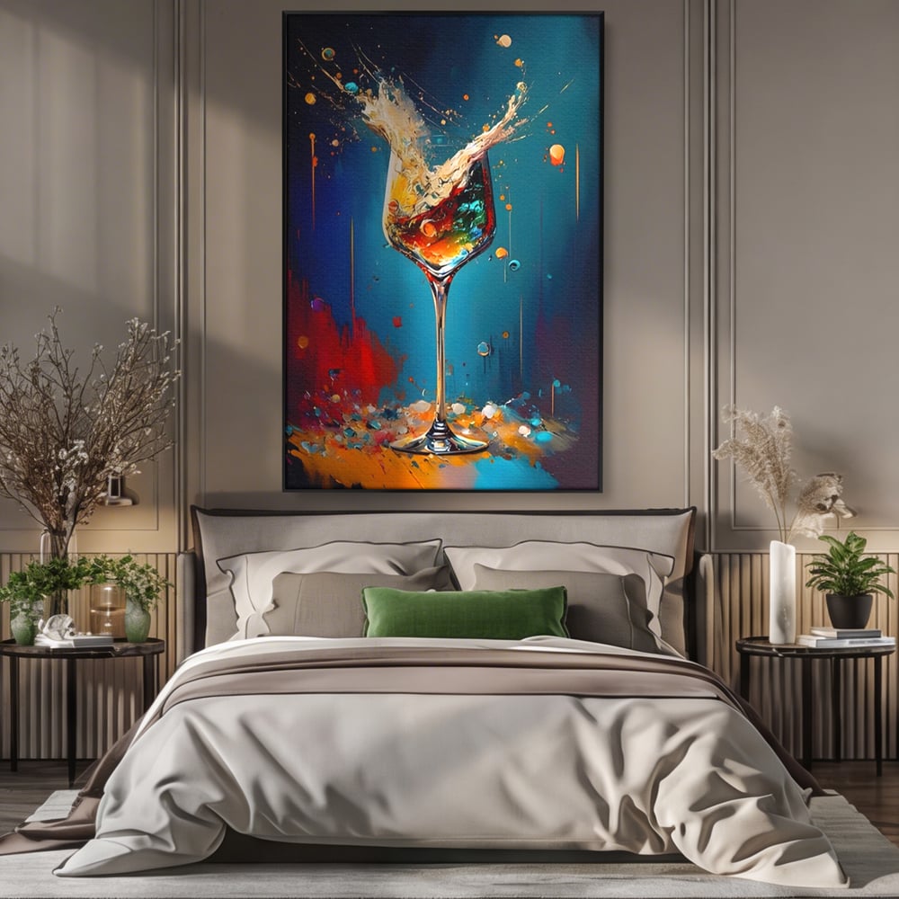 Tablou canvas cu tablou canvas cu pahar de cocktail si stropi colorati, in rama de aluminiu negru, pe perete intr-un dormitor