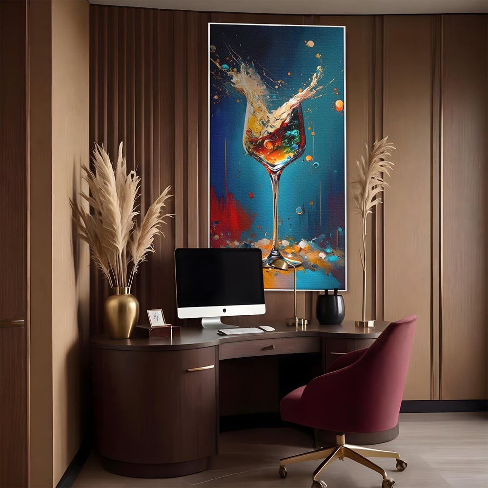Tablou canvas cu tablou canvas cu pahar de cocktail si stropi colorati, in rama de aluminiu argintiu, pe perete intr-un birou