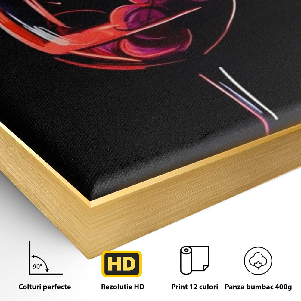 Detaliu al suprafetei: tablou canvas cu pahar de vin si struguri, in rama de aluminiu auriu