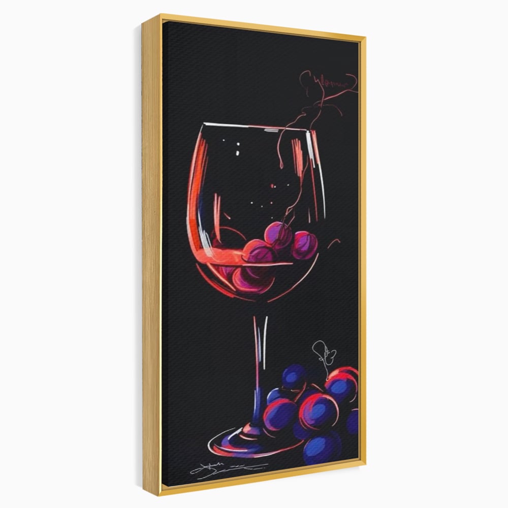 Tablou canvas cu tablou canvas cu pahar de vin si struguri, in rama de aluminiu auriu