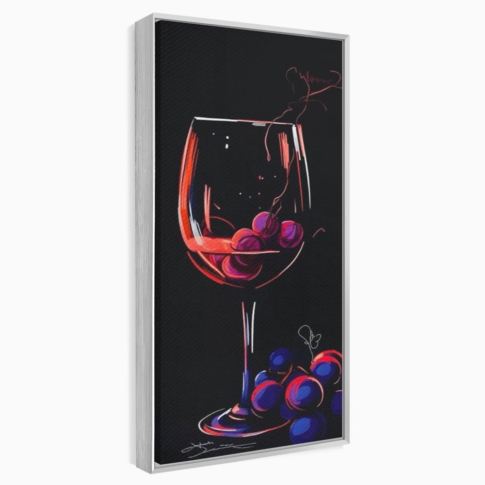 Tablou canvas cu tablou canvas cu pahar de vin si struguri, in rama de aluminiu argintiu