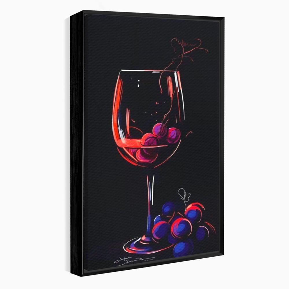 Tablou canvas cu tablou canvas cu pahar de vin si struguri, in rama de aluminiu negru