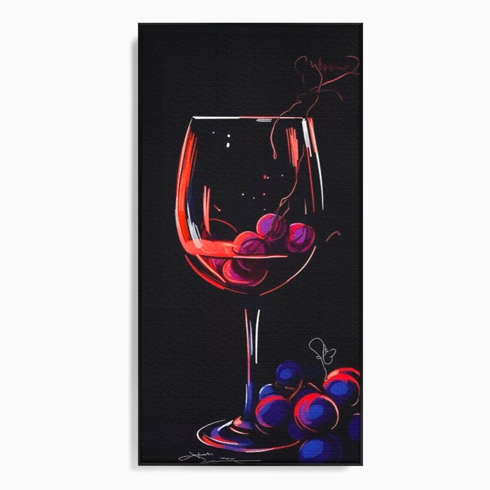 Tablou canvas cu tablou canvas cu pahar de vin si struguri, in rama de aluminiu negru