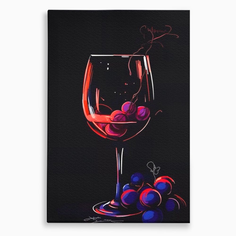Tablou canvas cu tablou canvas cu pahar de vin si struguri, fara rama, pe sasiu de lemn