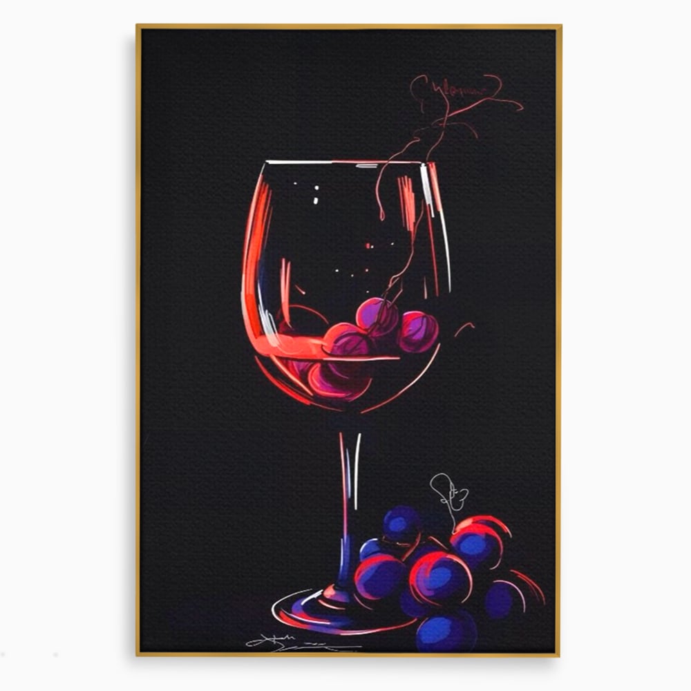 Tablou canvas cu tablou canvas cu pahar de vin si struguri, in rama de aluminiu auriu