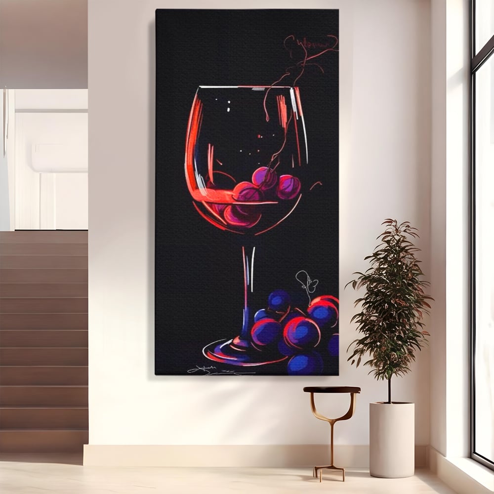 Tablou canvas cu tablou canvas cu pahar de vin si struguri, fara rama, pe sasiu de lemn