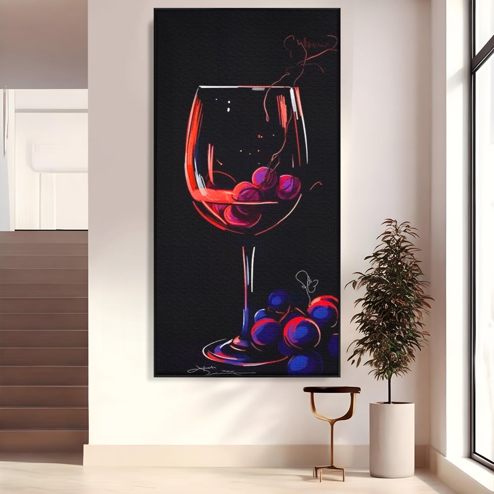 Tablou canvas cu tablou canvas cu pahar de vin si struguri, in rama de aluminiu negru