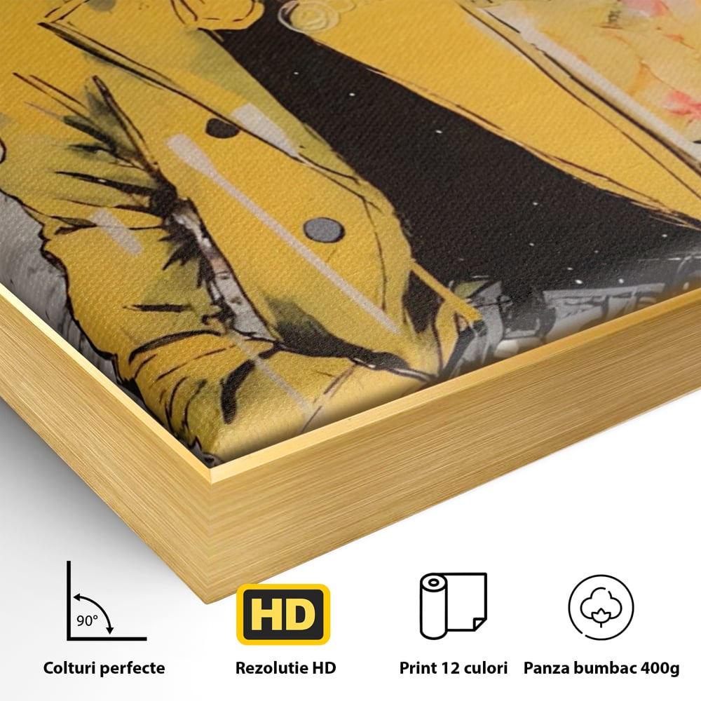 Detaliu al suprafetei: tablou canvas cu femeie in jacheta galbena, in rama de aluminiu auriu