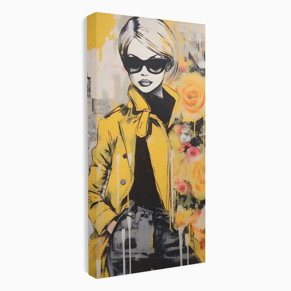 Tablou canvas cu tablou canvas cu femeie in jacheta galbena, fara rama, pe sasiu de lemn