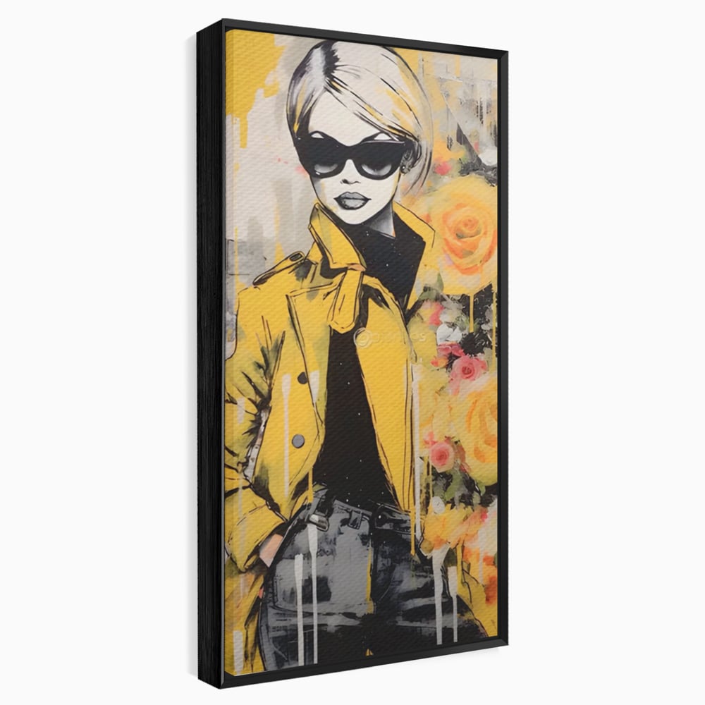 Tablou canvas cu tablou canvas cu femeie in jacheta galbena, in rama de aluminiu negru