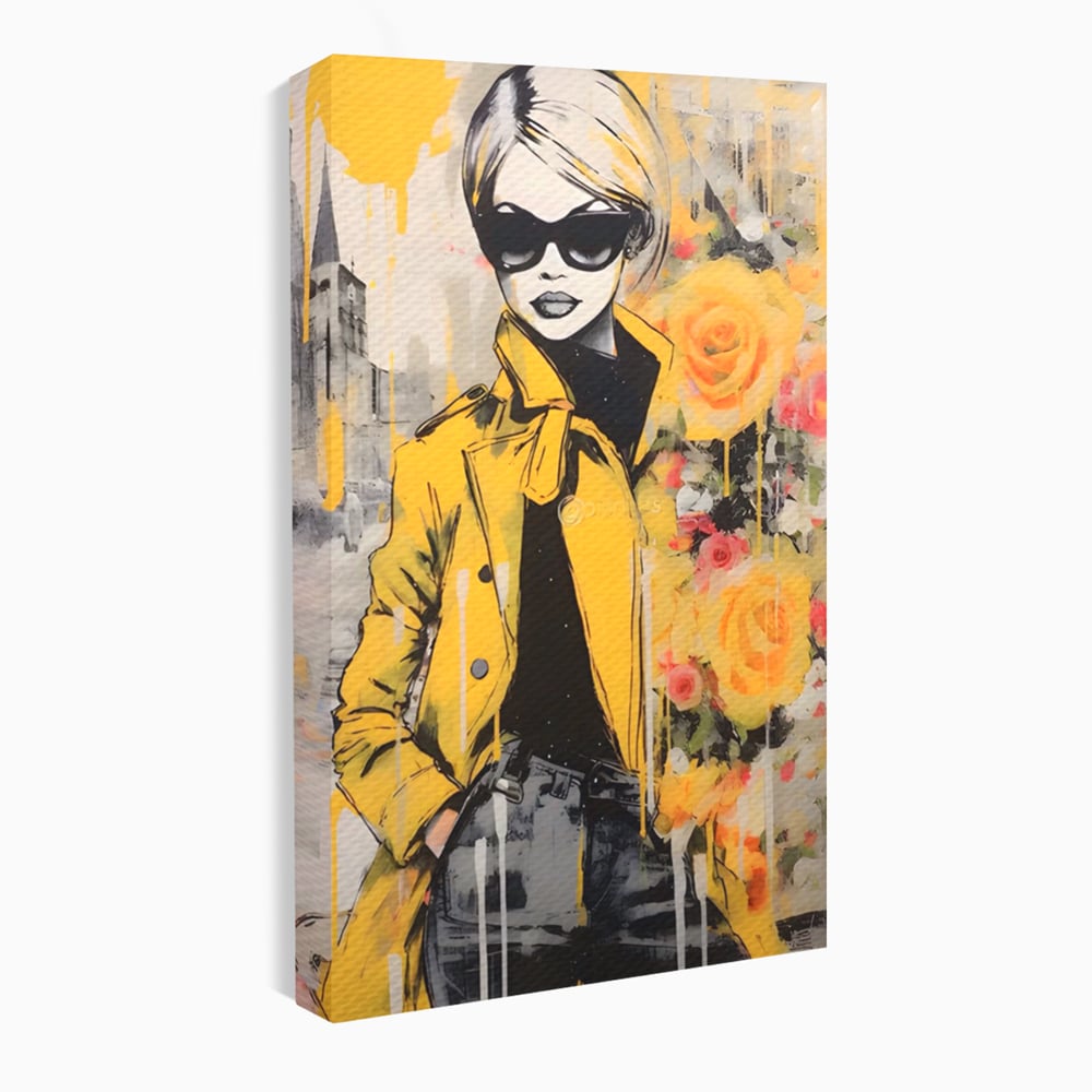 Tablou canvas cu tablou canvas cu femeie in jacheta galbena, fara rama, pe sasiu de lemn